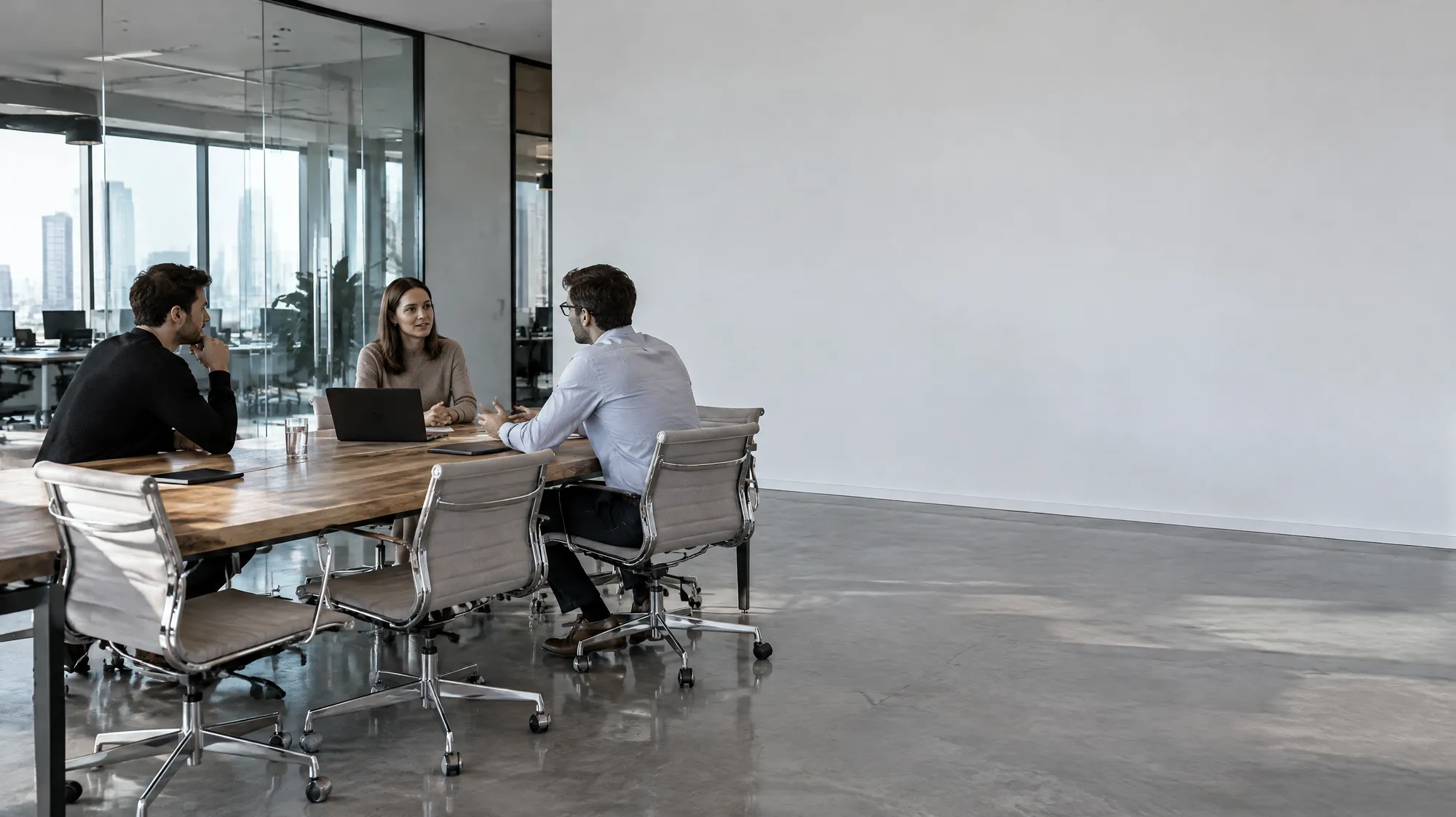 Besprechungsecke mit kahler weißer Wand, Betonboden und Glas – viel Hall