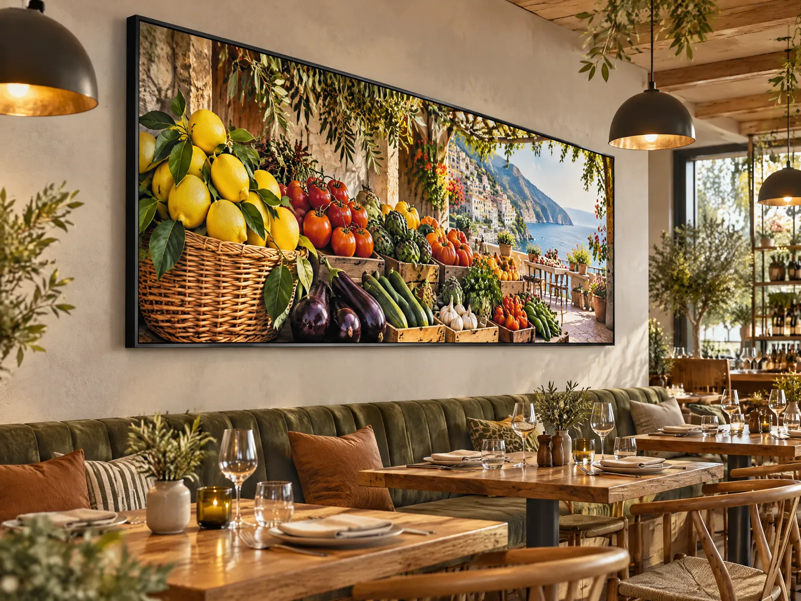 Restaurant mit großem Akustikbild im schwarzen Alu-Frame, Motiv mediterraner Marktstand