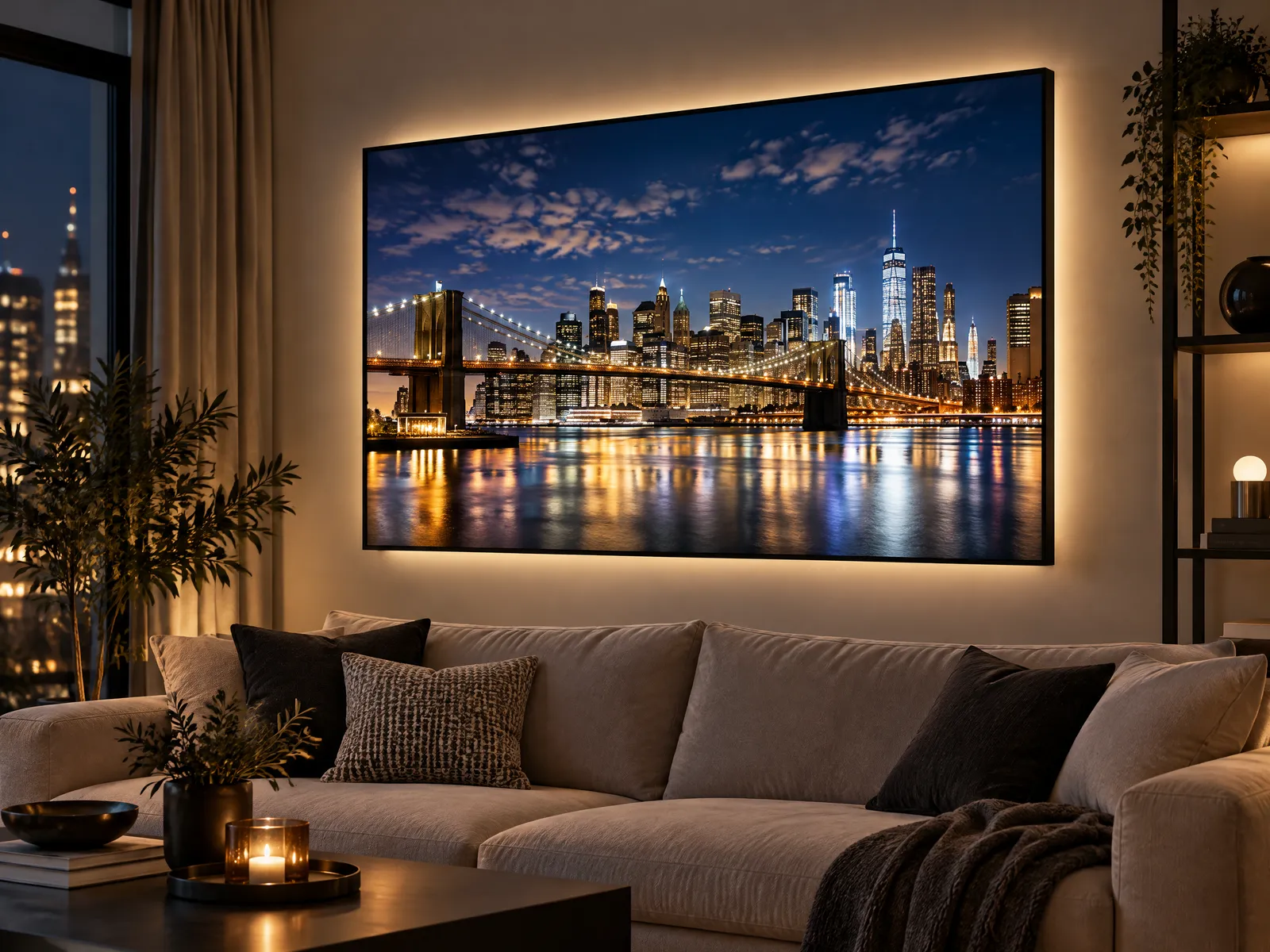 LED-Wandbild im schwarzen Alu-Frame leuchtet abends im Wohnzimmer, Motiv Skyline bei Nacht