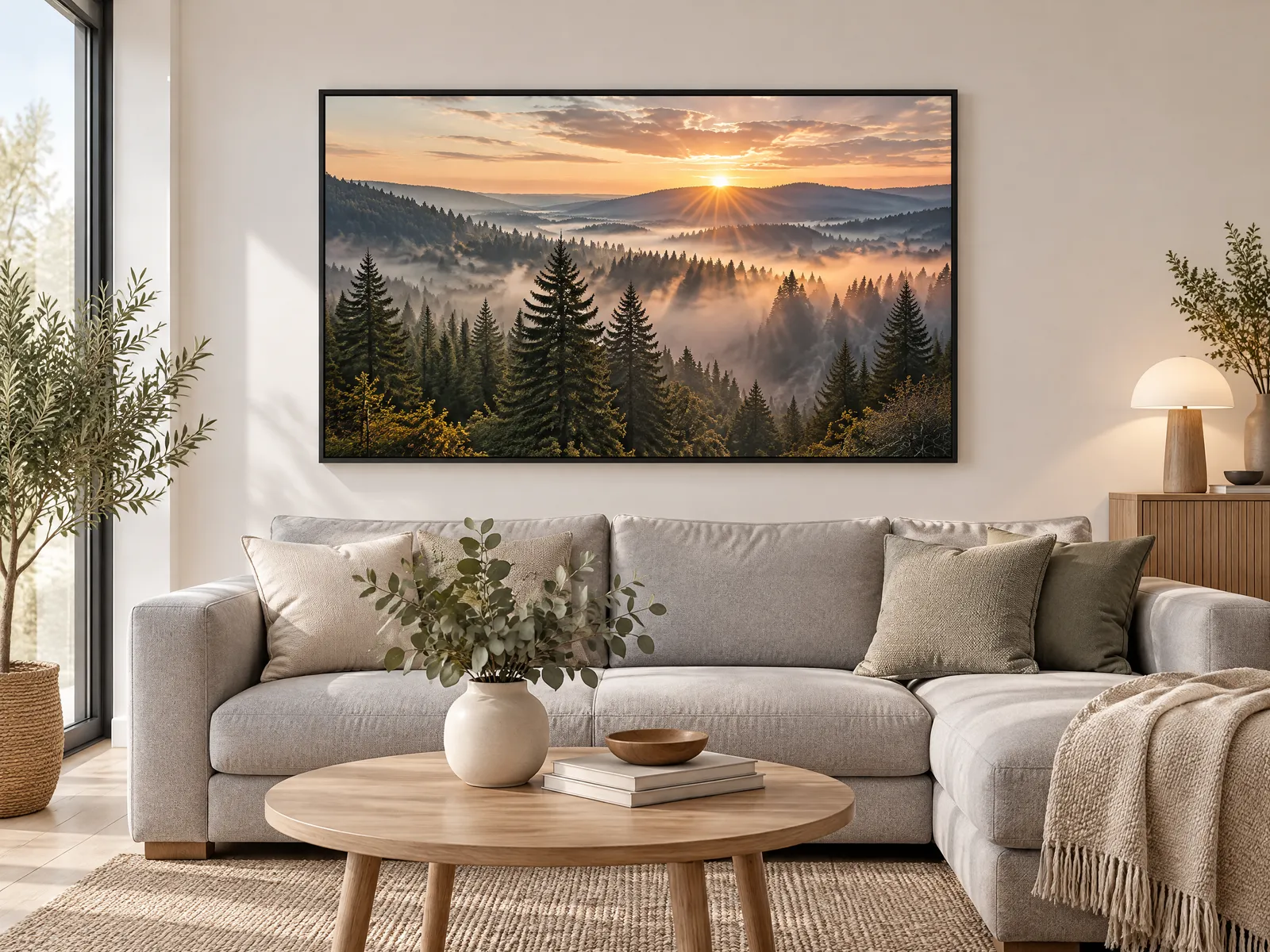 Skandinavisches Wohnzimmer mit Alu-Frame Wandbild in Schwarz über dem Sofa, Motiv nebliger Wald bei Sonnenaufgang