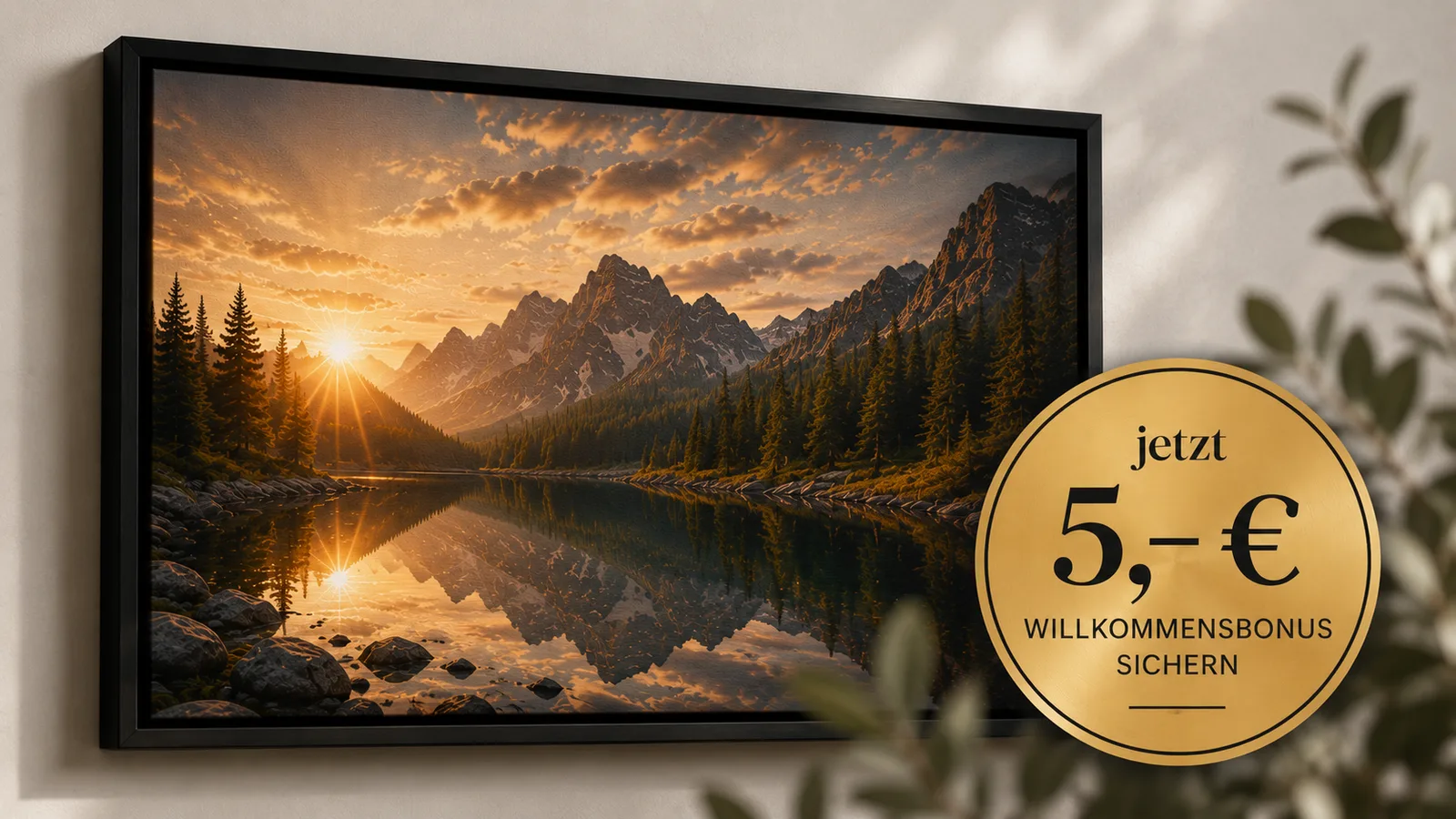 Leinwand im schwarzen Schattenfugenrahmen mit Hinweis auf 5 € Willkommensbonus